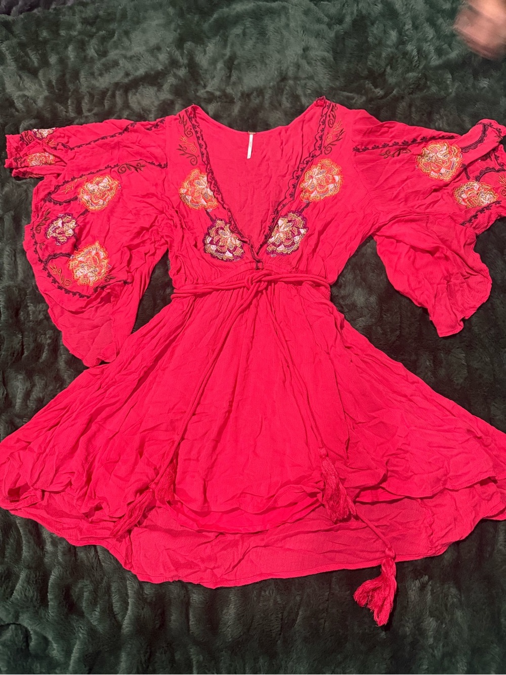 Free people red Embroidered Bell-Sleeve Dress